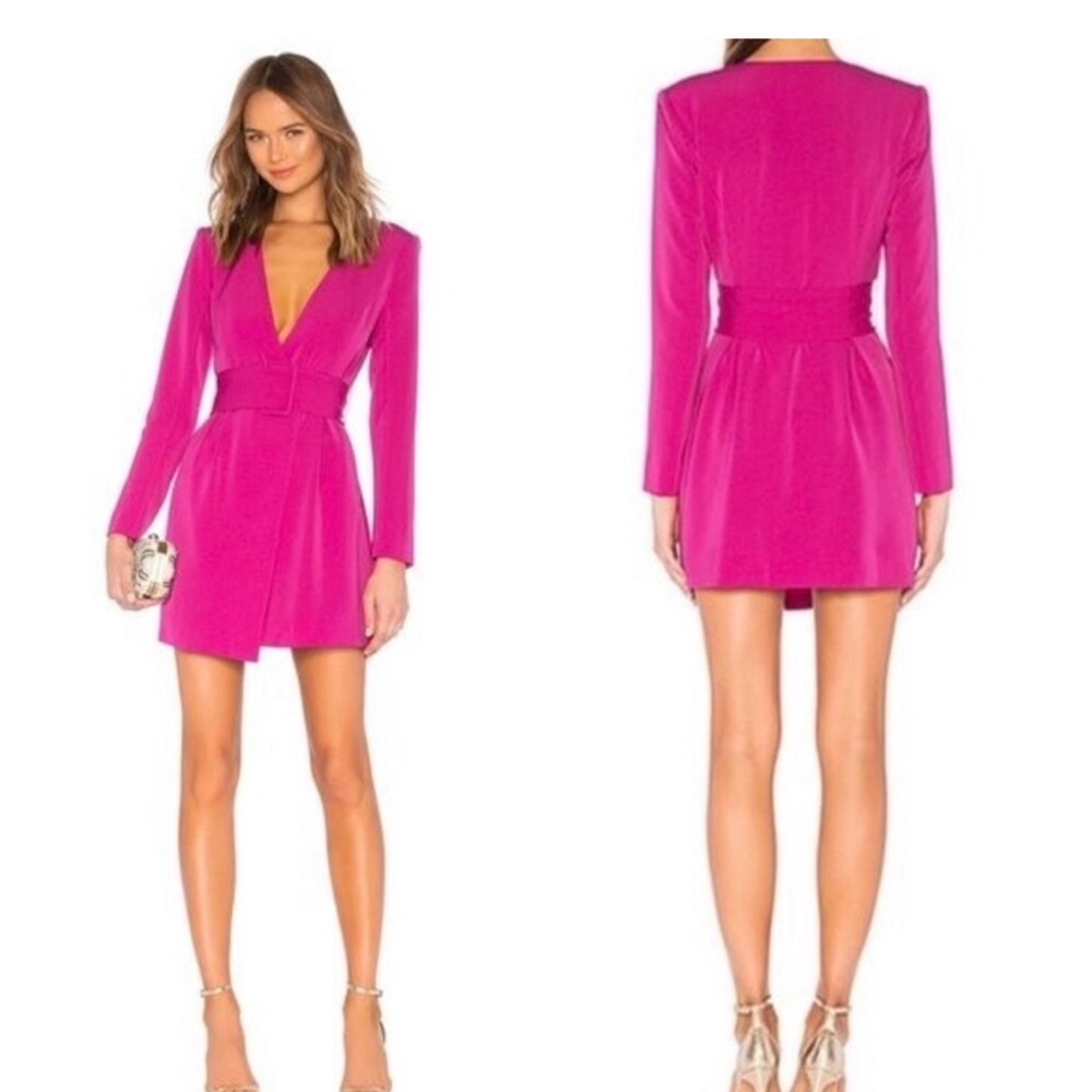 NBD Hot Pink Plunge Long-Sleeve Mini Dress